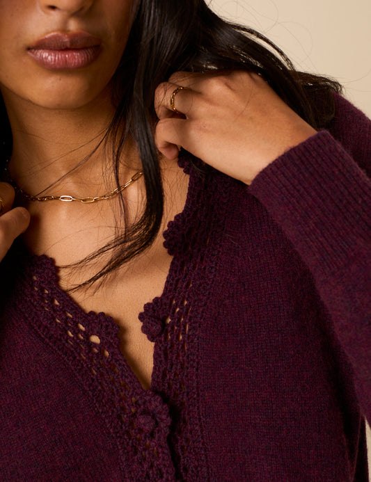 Burgundy Crochet Trim Wool Blend Elodie Cardigan