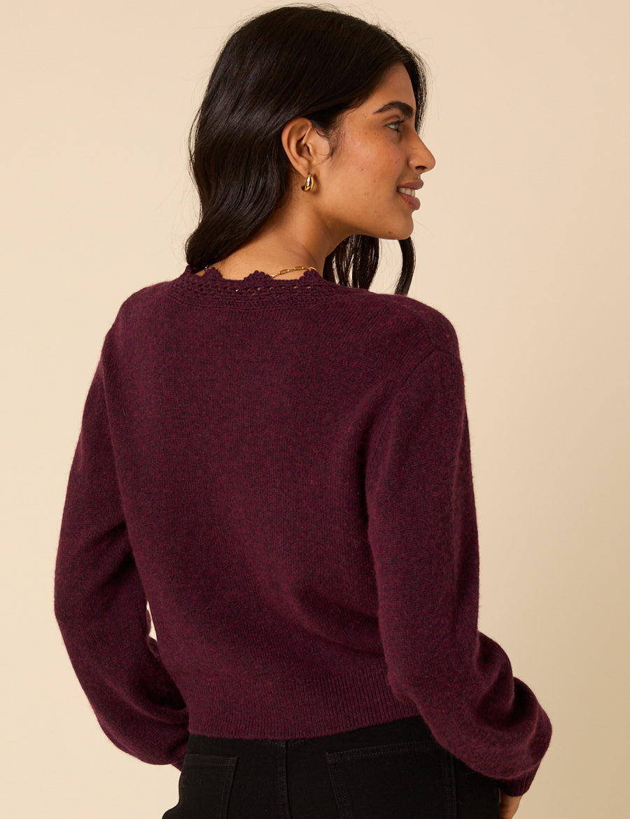 Burgundy Crochet Trim Wool Blend Elodie Cardigan