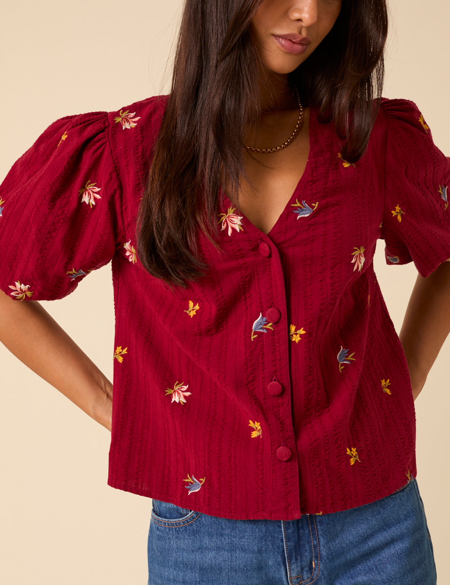 Red Embroidered Blend Puff Sleeve Top