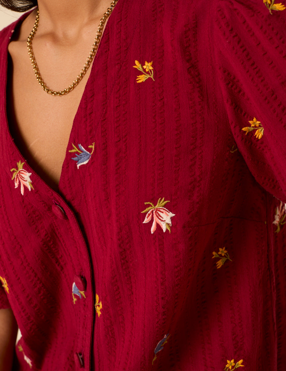 Red Embroidered Blend Puff Sleeve Top