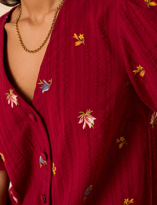 Red Embroidered Blend Puff Sleeve Top