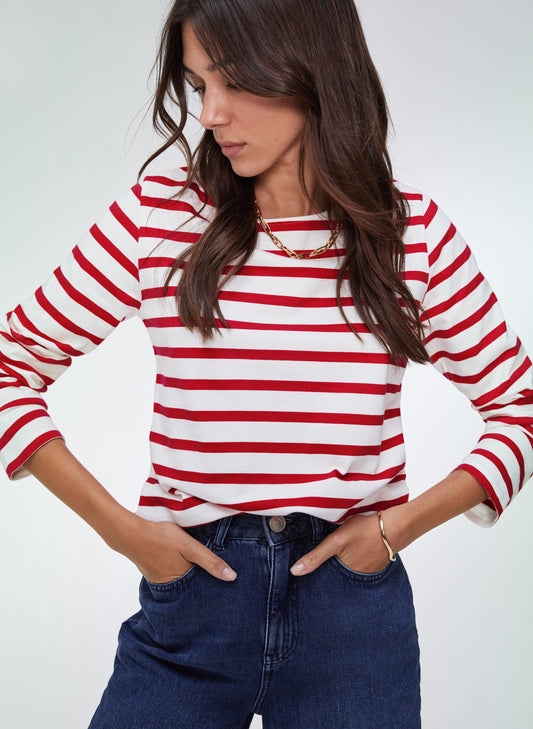 Ashley Organic Cotton Top Soft White & Crimson