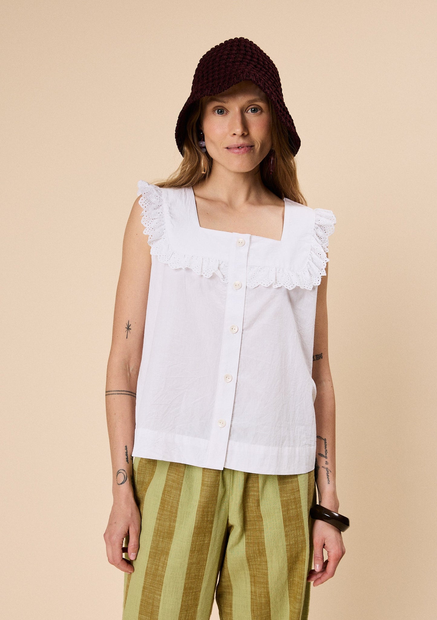 Cotton Broderie Sleeveless Top - White