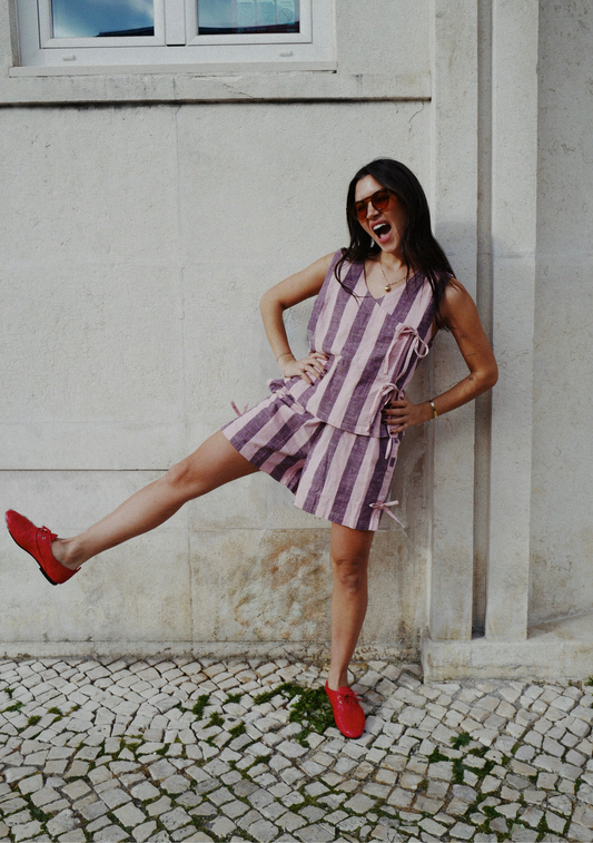 Cotton Tie Top - Pink and Burgundy Stripe