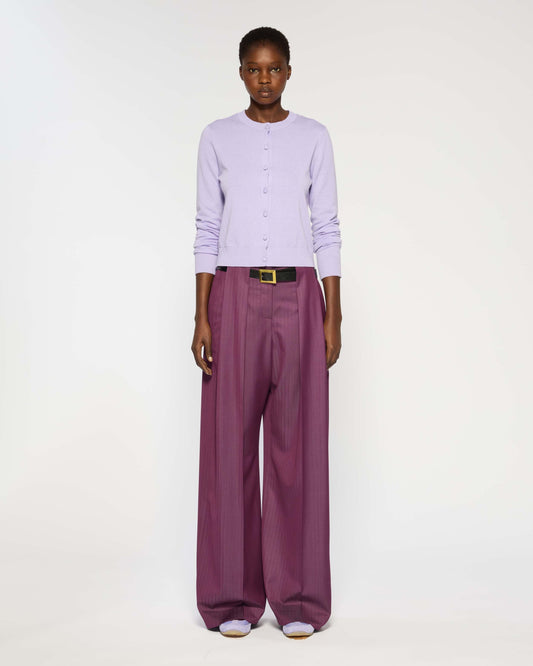 Plum coloured wool blend wide leg trousers.
