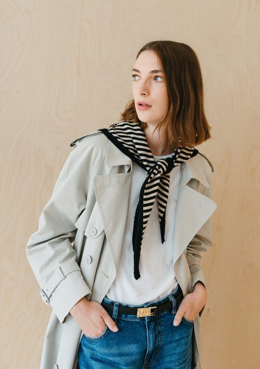 Black and white striped merino wool scarf with pointed ends