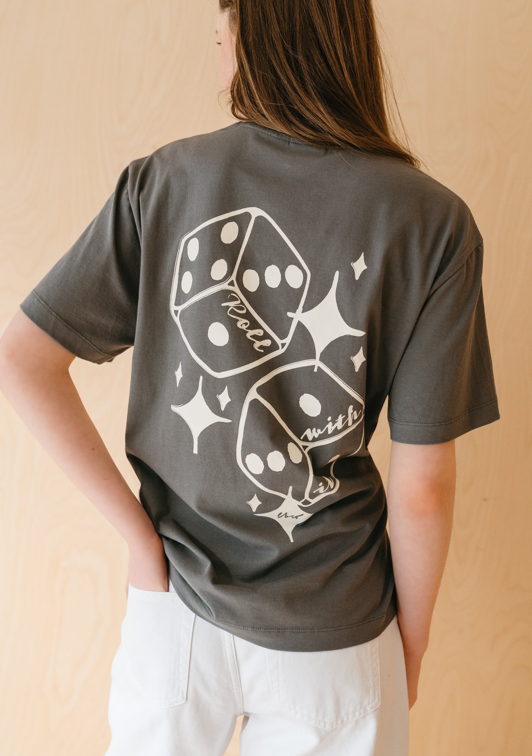 Charcoal grey cotton T-shirt with white dice graphic print on the back, short sleeves, and relaxed fit