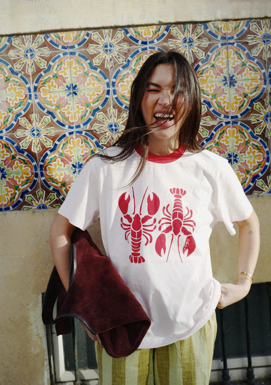 White cotton T-shirt with red lobster graphic print and red crew neckline