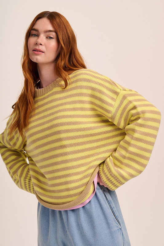 Yellow and beige striped knitted jumper with round neckline, long sleeves, and relaxed fit.