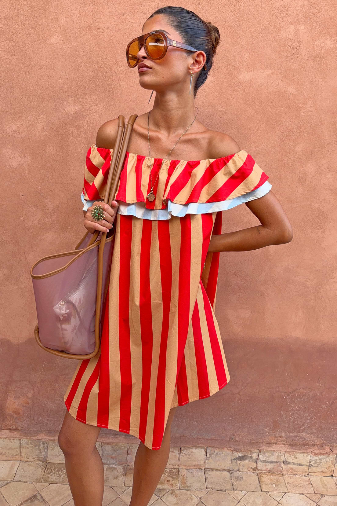 Tomato red striped cotton mini dress.