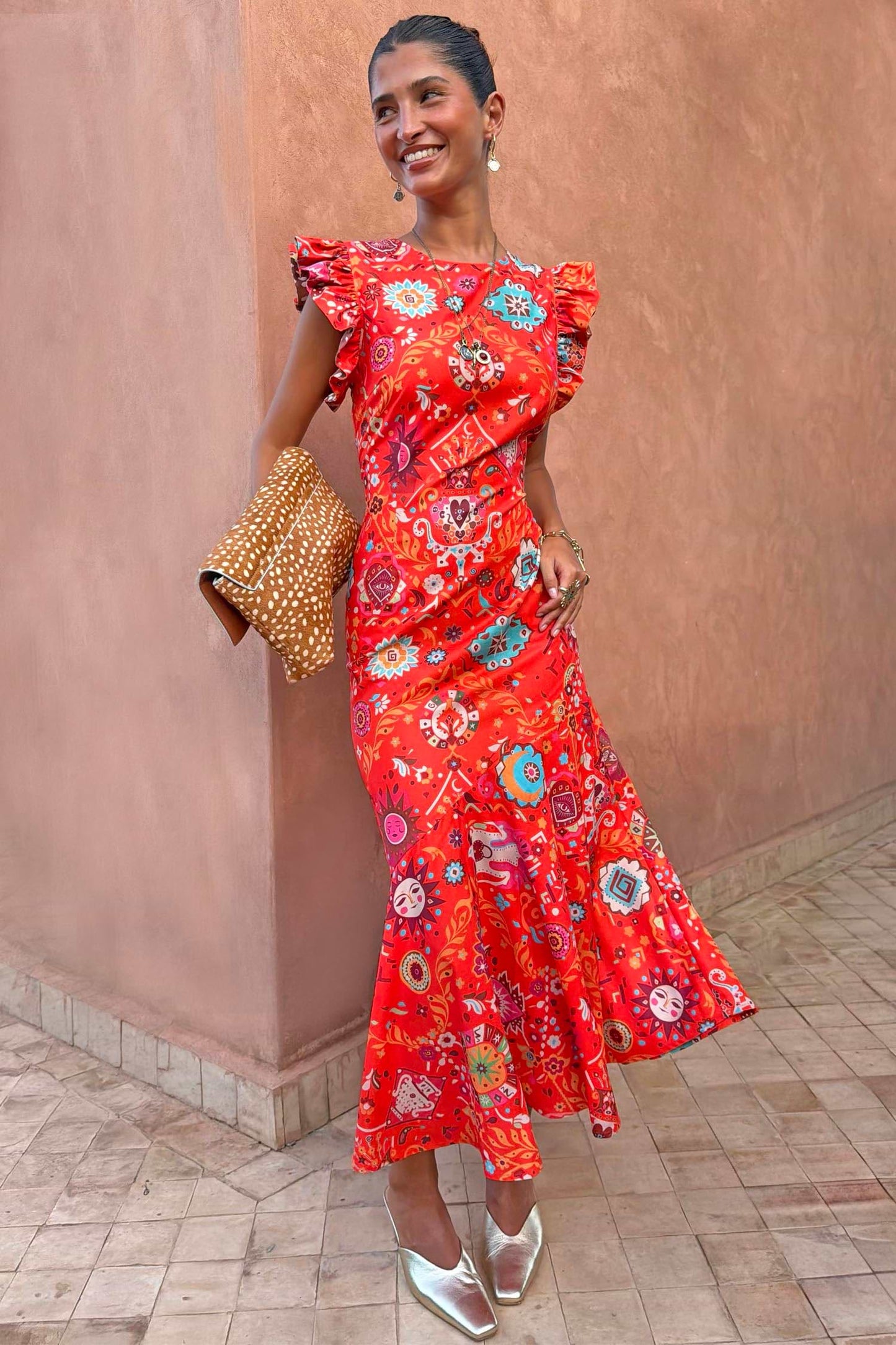 Tomato red abstract midi dress.