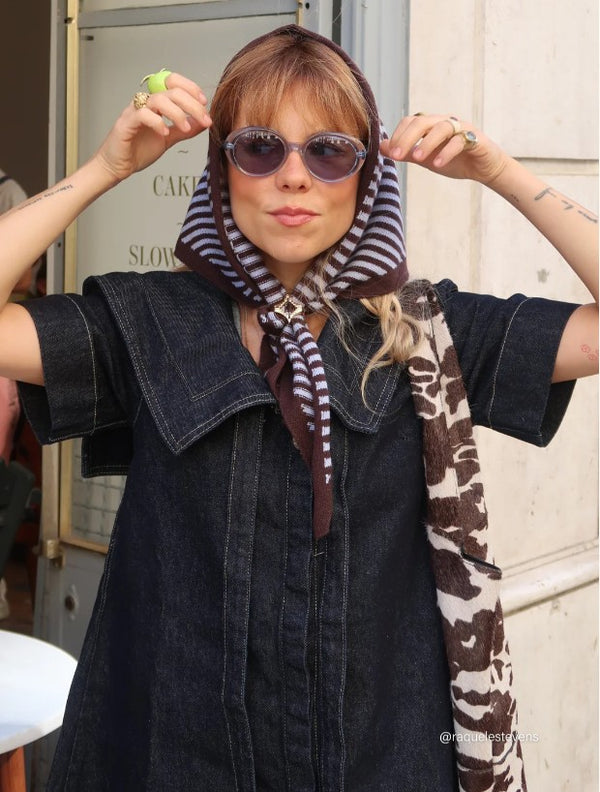 Merino Wool Triangle Scarf - Blue & Brown Stripe