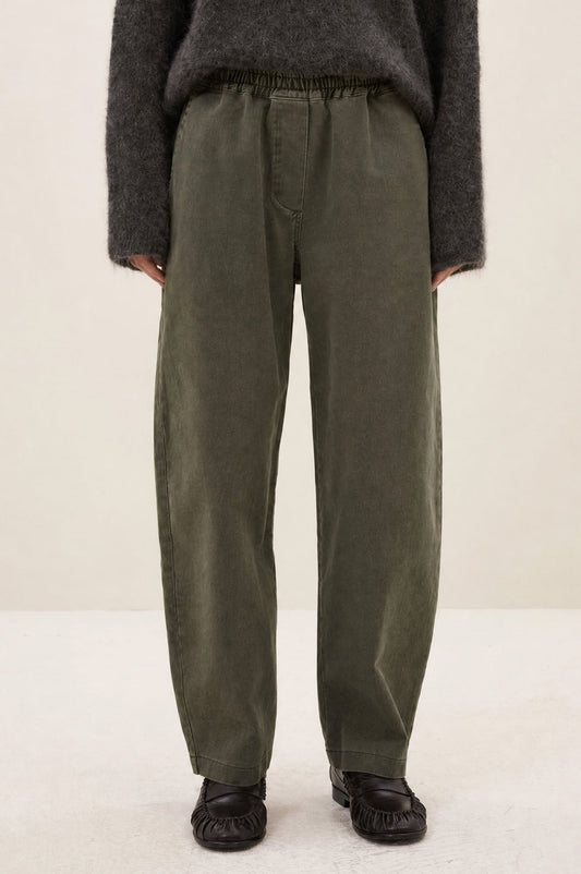 Olive barrel leg trousers with elasticated waist.