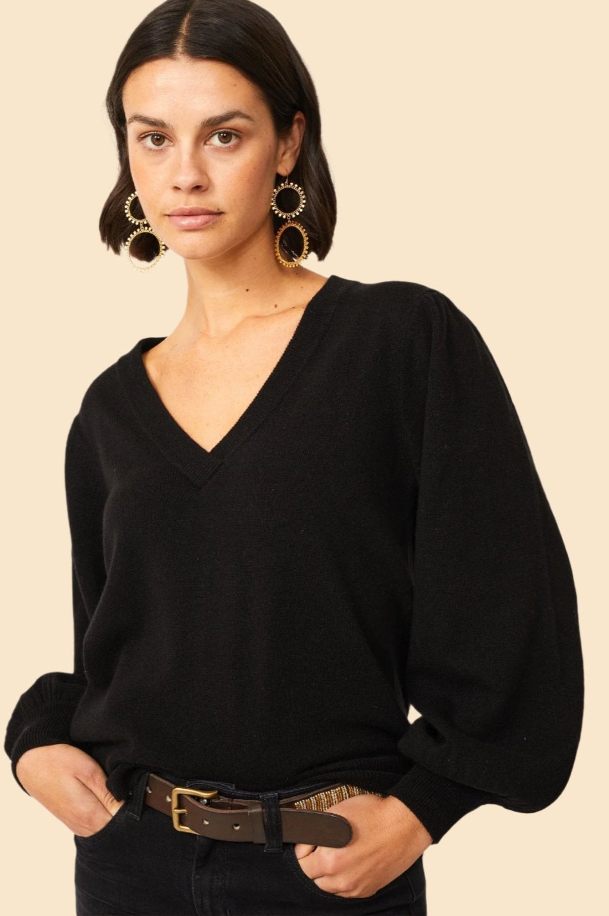 Merino Cashmere Blend V-Neck Jumper - Black Balloon Sleeve