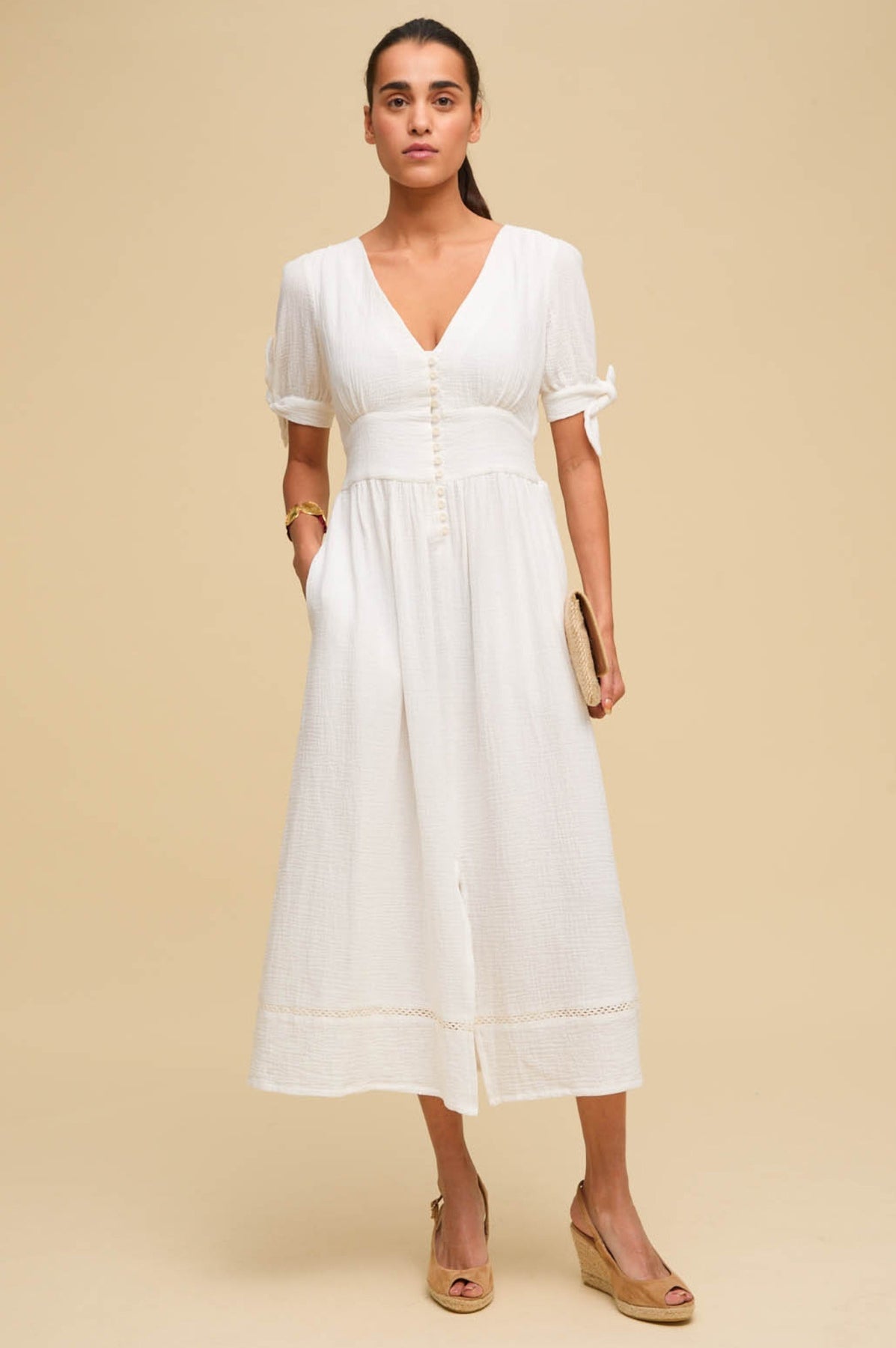 Olga Cotton Cheesecloth Dress Summer Short Sleeve White