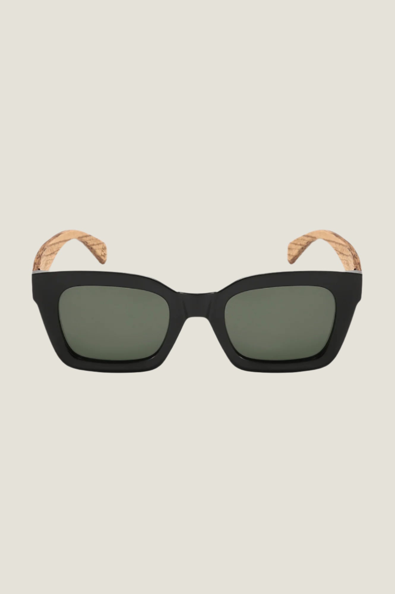 Black rectangular sunglasses with matte frame, grey lenses, and natural wood-effect arms.