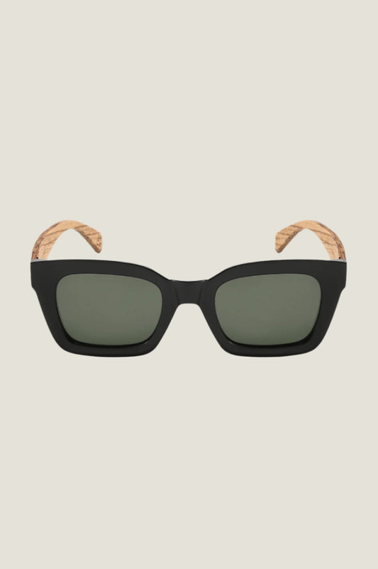 Black rectangular sunglasses with matte frame, grey lenses, and natural wood-effect arms.