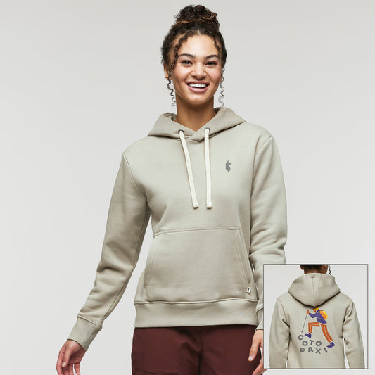 Soft stone grey hoodie with Cotopaxi walking man logo on the back.