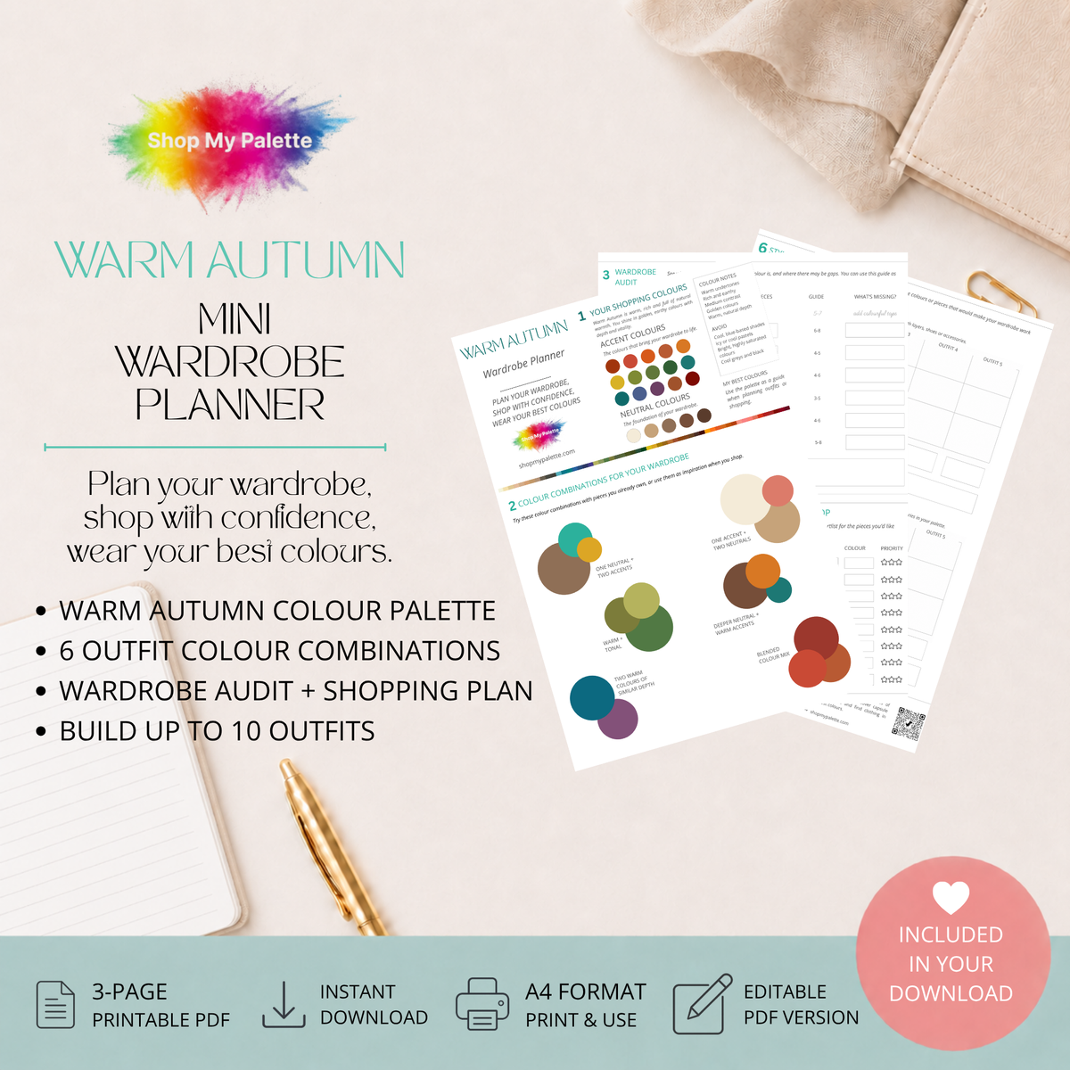 Product preview for a Warm Autumn mini wardrobe planner pdf.