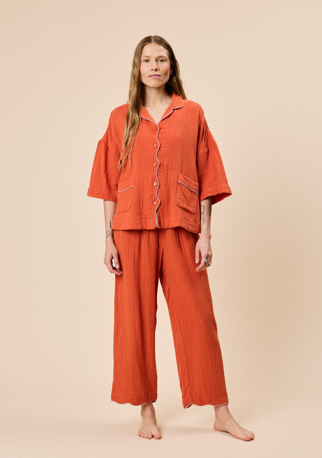 Rust orange cotton pyjama set.