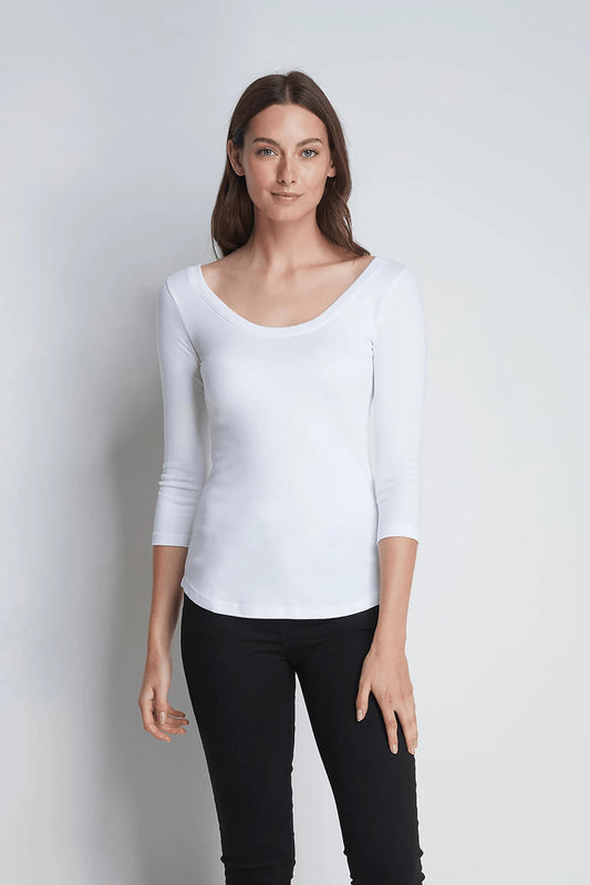 3/4 Sleeve Boat Neck Cotton Modal Blend T-Shirt White