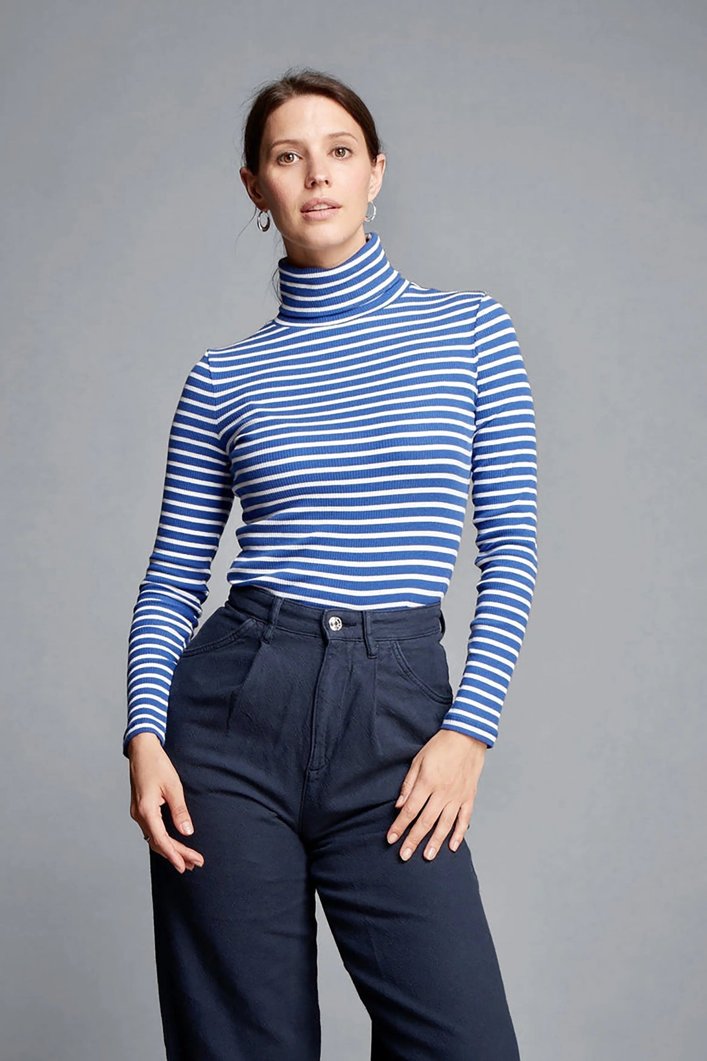 Striped Cotton Roll Neck Blue