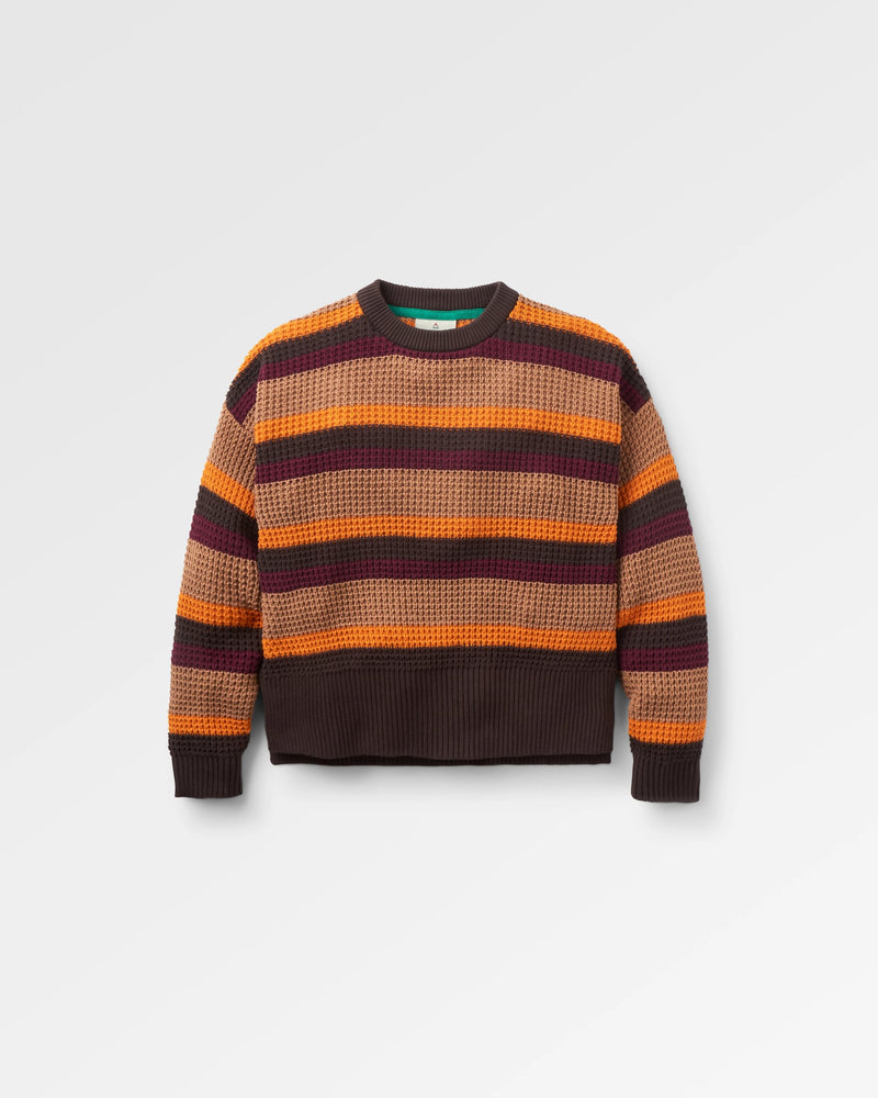 Orange, maroon and brown striped jumper.