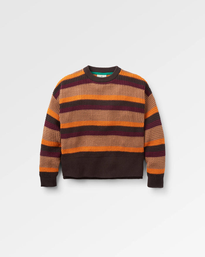 Orange, maroon and brown striped jumper.