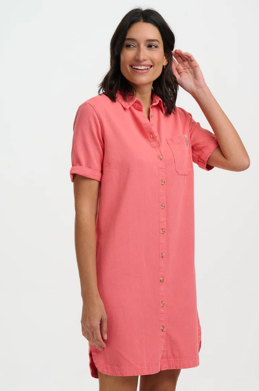 Short-sleeve button-front shirt dress in warm coral pink cotton.