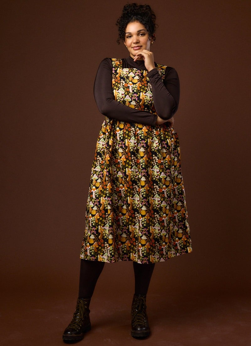 Aiken Mushroom Print Velvet Cord Pinafore Dress - Orange