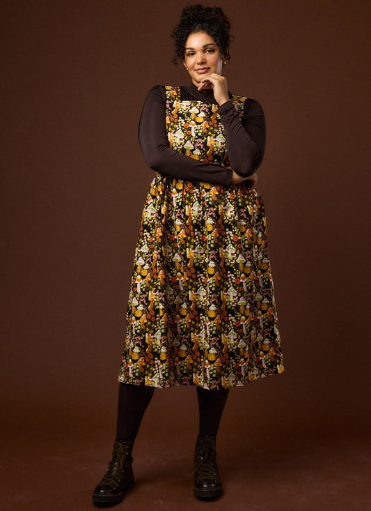 Aiken Mushroom Print Velvet Cord Pinafore Dress - Orange