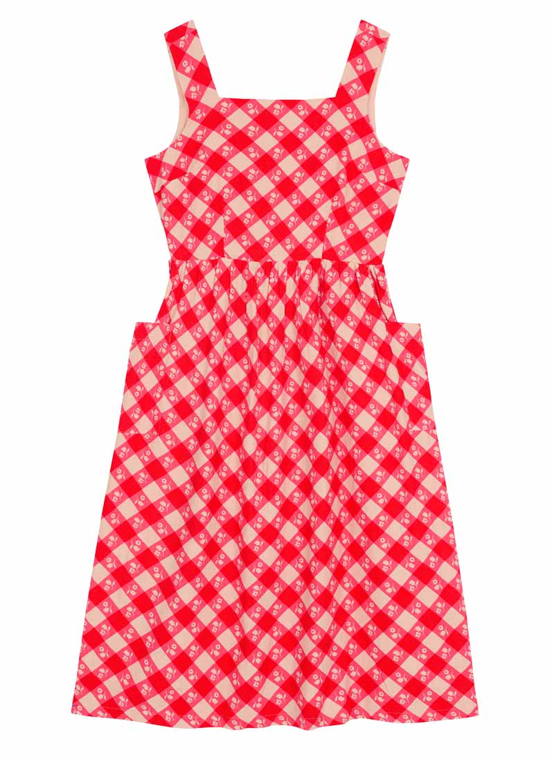 JoanieClothing Aiken Gingham Floral Print Pinafore Dress - Red