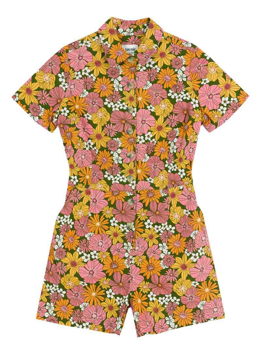 Aisling Vintage Floral Print Playsuit - Sustainable Organic Cotton (Orange)