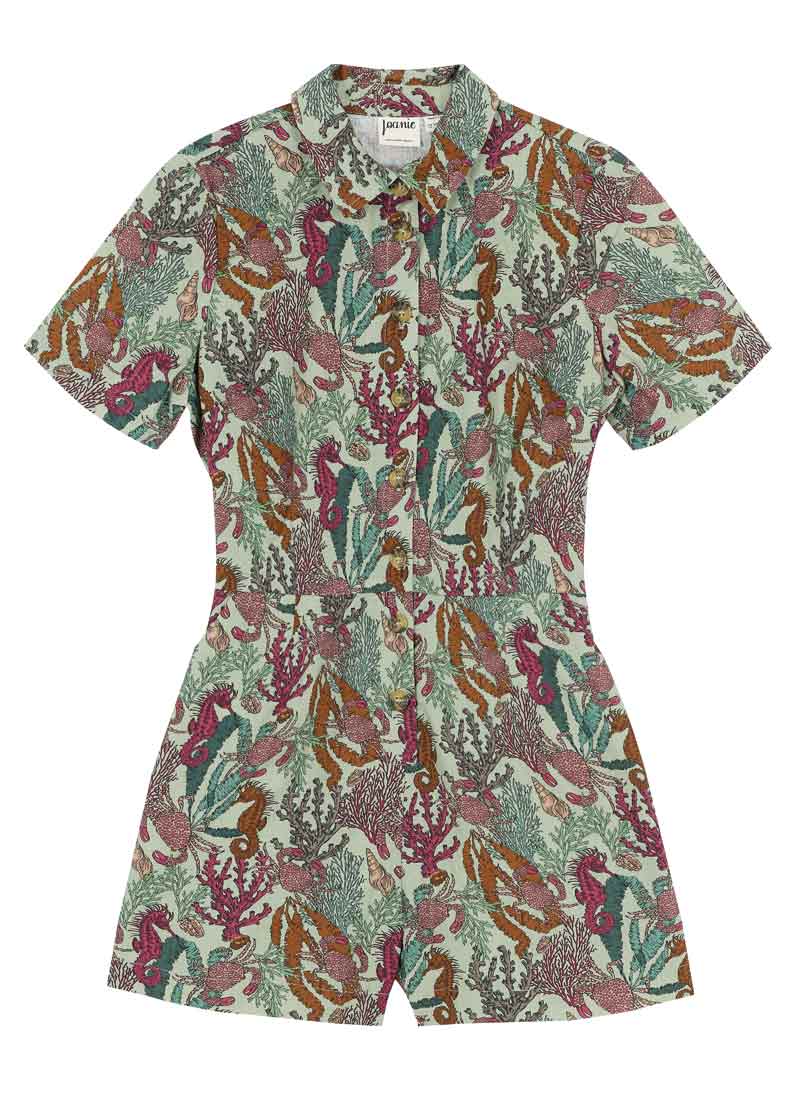 Aisling Sea Life Print Playsuit - Sustainable Organic Cotton (Green)