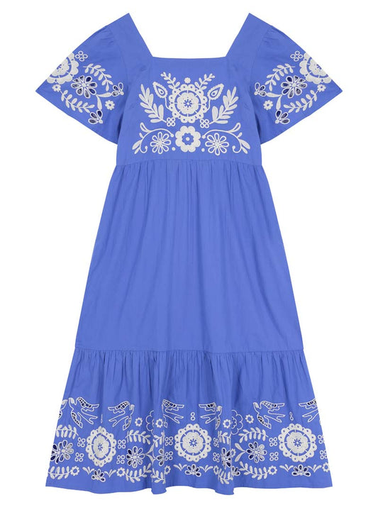 Alice Embroidered Square Neck Midi Dress - Blue