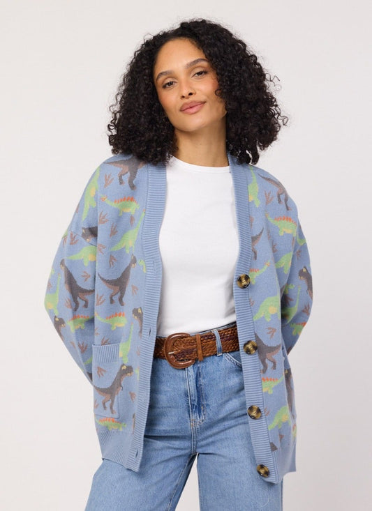 Allo Dinosaur Intarsia Knit Oversized Cardigan (Blue)