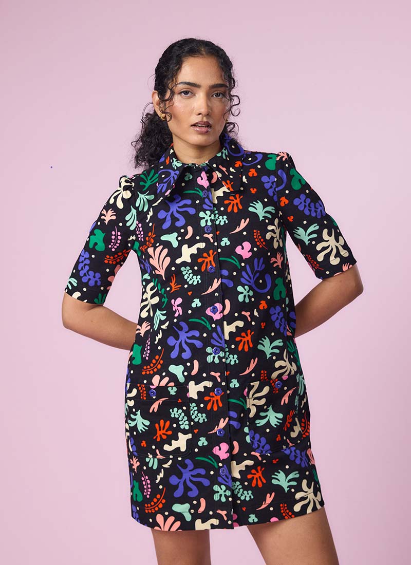 Anderson Modern Art Cut Out Print A-Line Shift Dress - Sustainable Organic Cotton (Black)