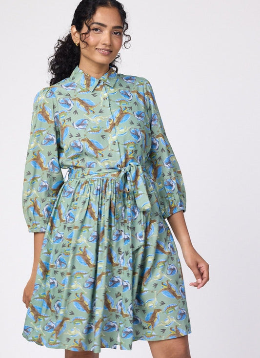 Andi Illustrated Dinosaur Print Shirt Dress (Green)