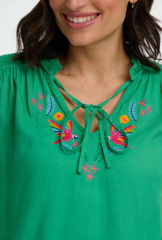 Angelique Shirred Top - Green, Rainbow Parrots Embroidery