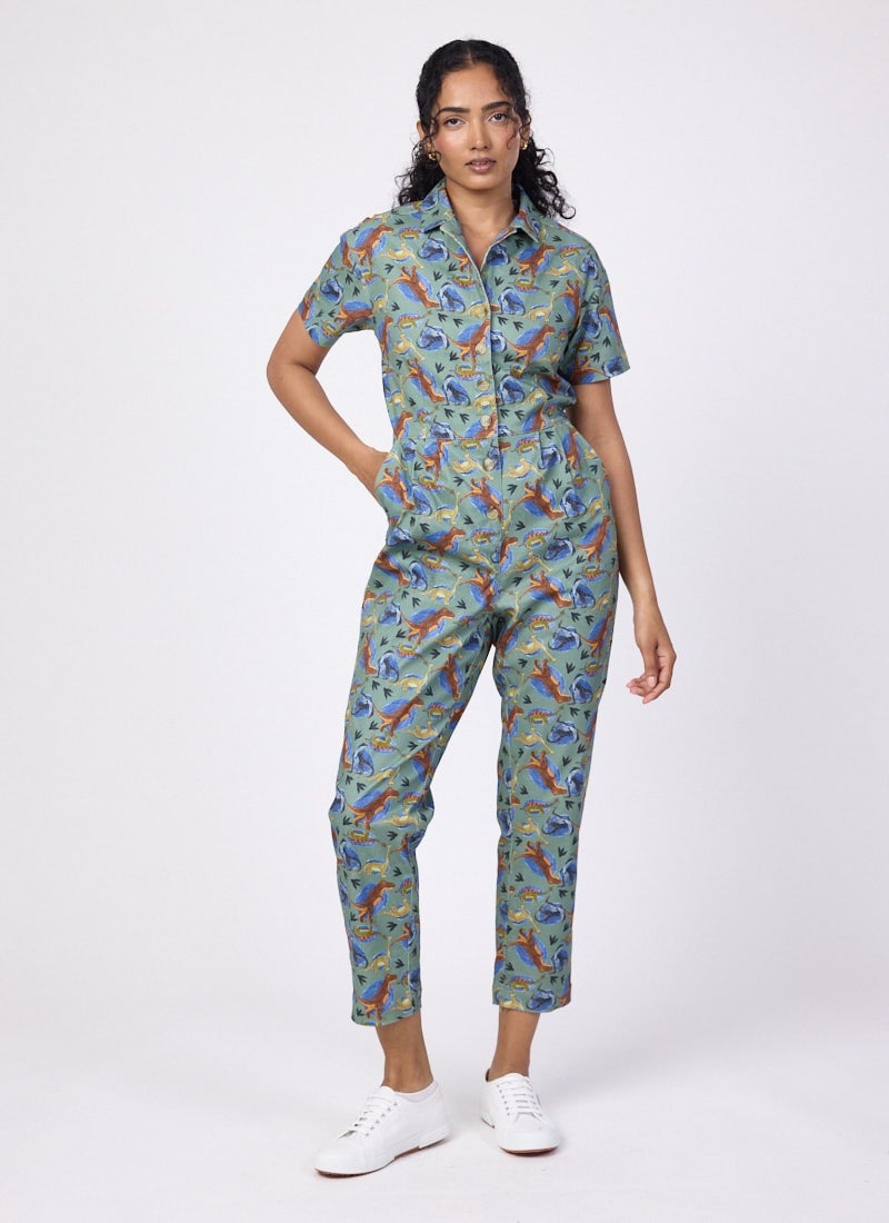 Anneka Illustrated Dinosaur Print Boilersuit - Sustainable Organic Cotton (Green)