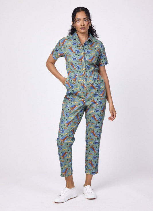 Anneka Illustrated Dinosaur Print Boilersuit - Sustainable Organic Cotton (Green)