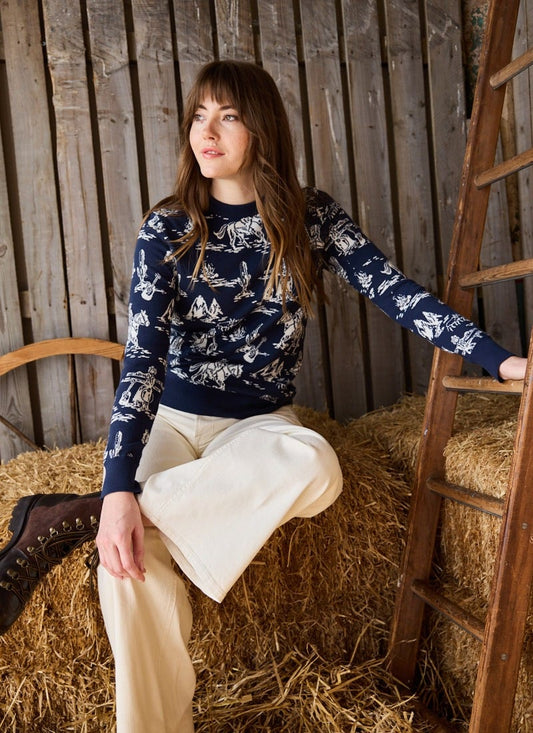 Anning Western Cowgirl Intarsia Knit Jumper - Sustainable Organic Cotton (Navy)