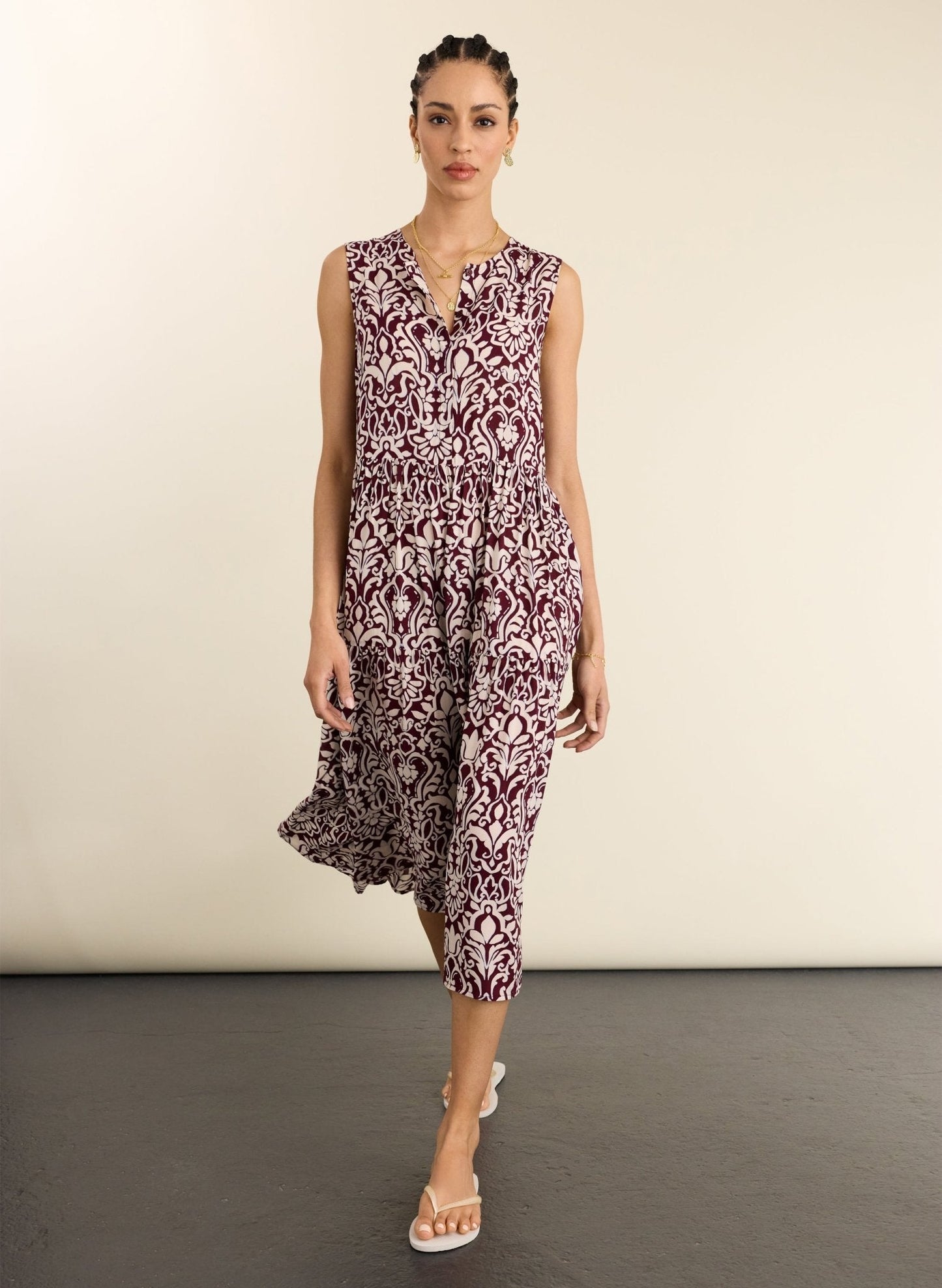Annmarie Sleeveless Printed Dress - Burgundy Damask