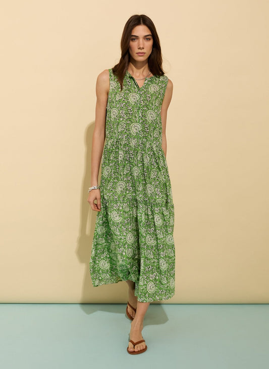 Annmarie Sleeveless Printed Dress / Green Woodblock Floral