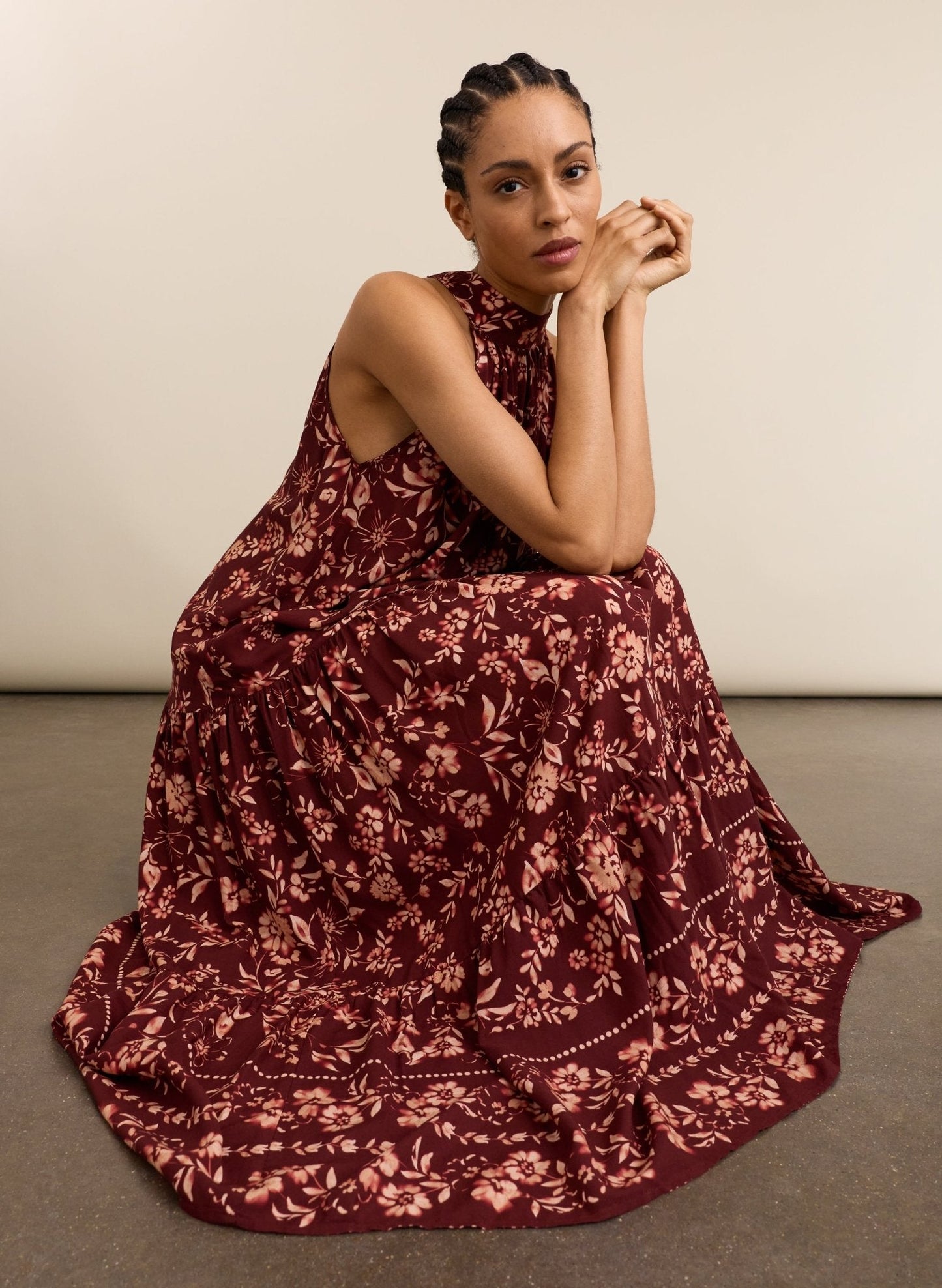 Anouk Printed Sleeveless Maxi Dress - Burgundy Floral Border