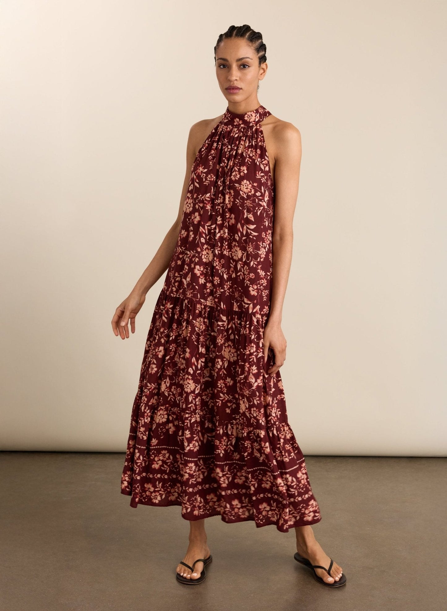 Anouk Printed Sleeveless Maxi Dress - Burgundy Floral Border