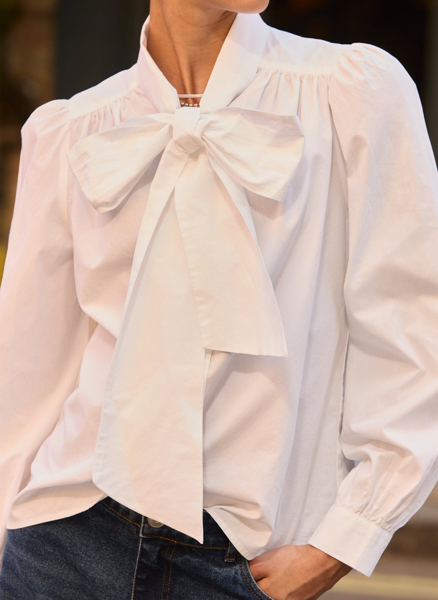 Araya Organic Cotton Bow Neck Blouse / Pure White
