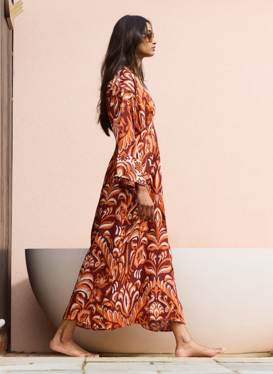 Ariadne Printed Kaftan Dress - Burgundy Palm Mirror