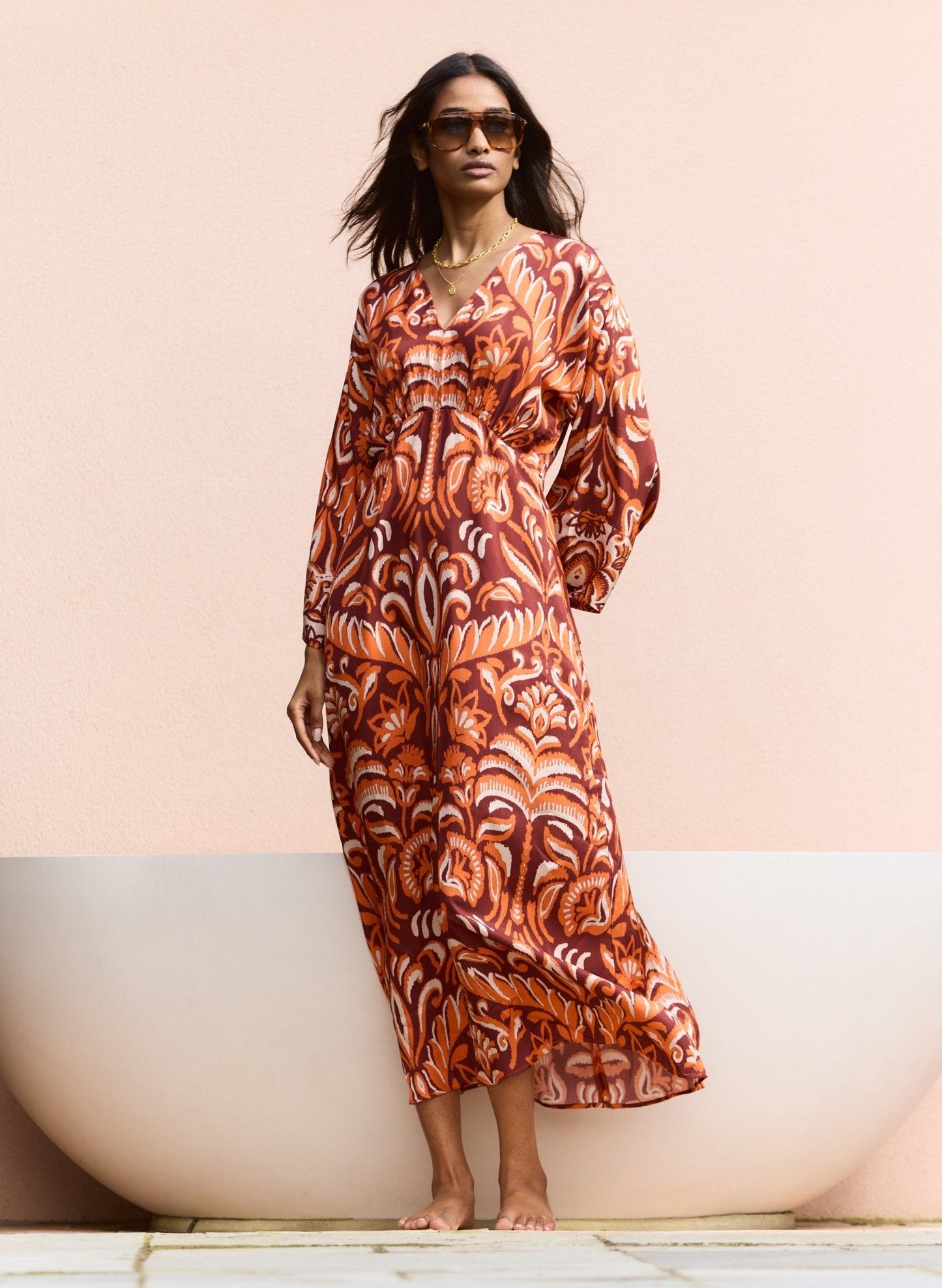 Ariadne Printed Kaftan Dress - Burgundy Palm Mirror