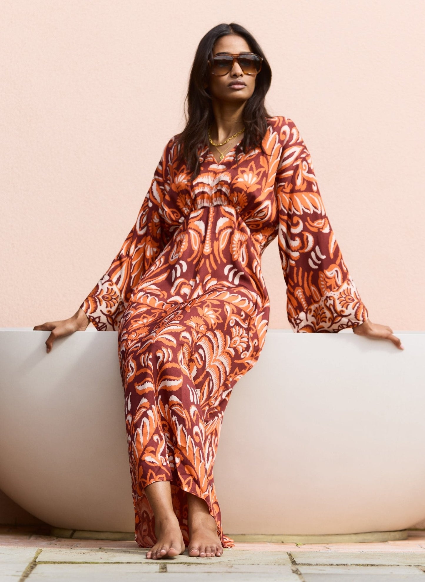 Ariadne Printed Kaftan Dress - Burgundy Palm Mirror